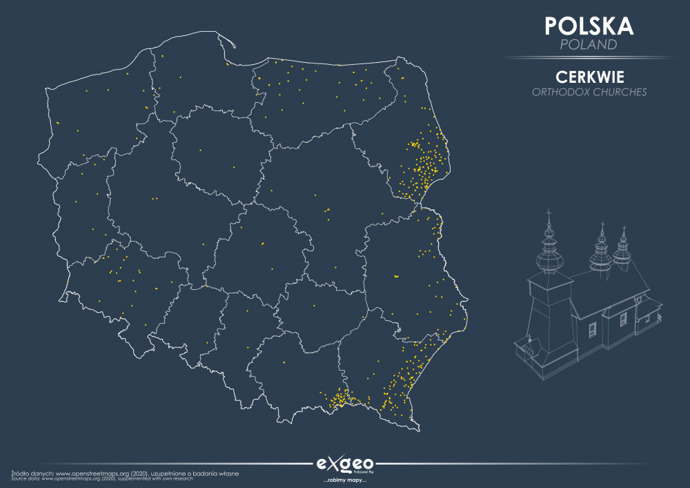 mapa religijna, mapa kościołów, kościoły w Polsce, cerkwie w Polsce, chrześcijaństwo, exgeo, kartografia